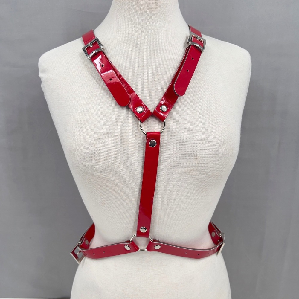 Red Patent Vinyl Demon Bat Wing Body Harness Devil Rave Festival Costume OS View 2